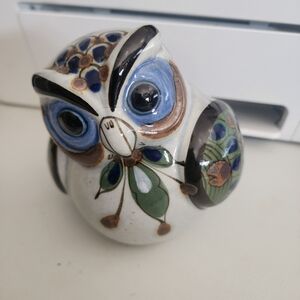 Hand-Painted Ceramic Owl Figurine in Blue and Green Made In Mexico